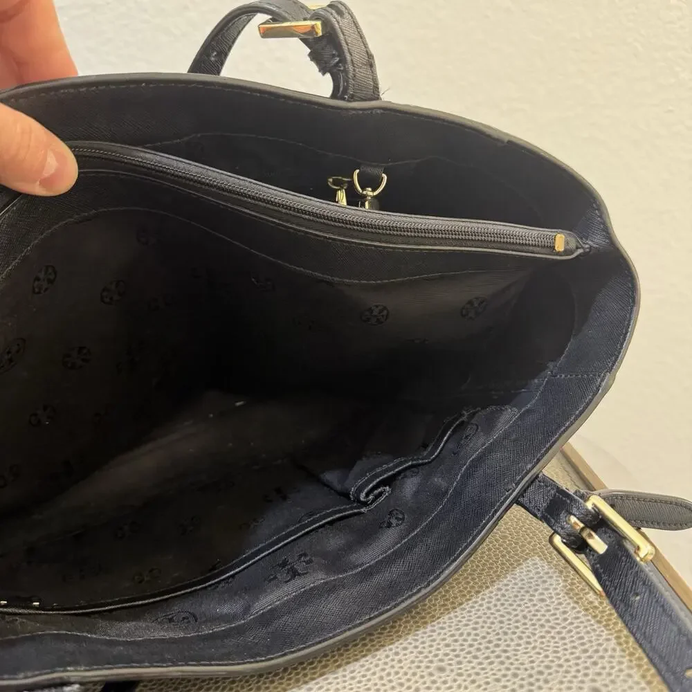 Tory Burch Small York Buckle Leather Tote Black Gold Hardware